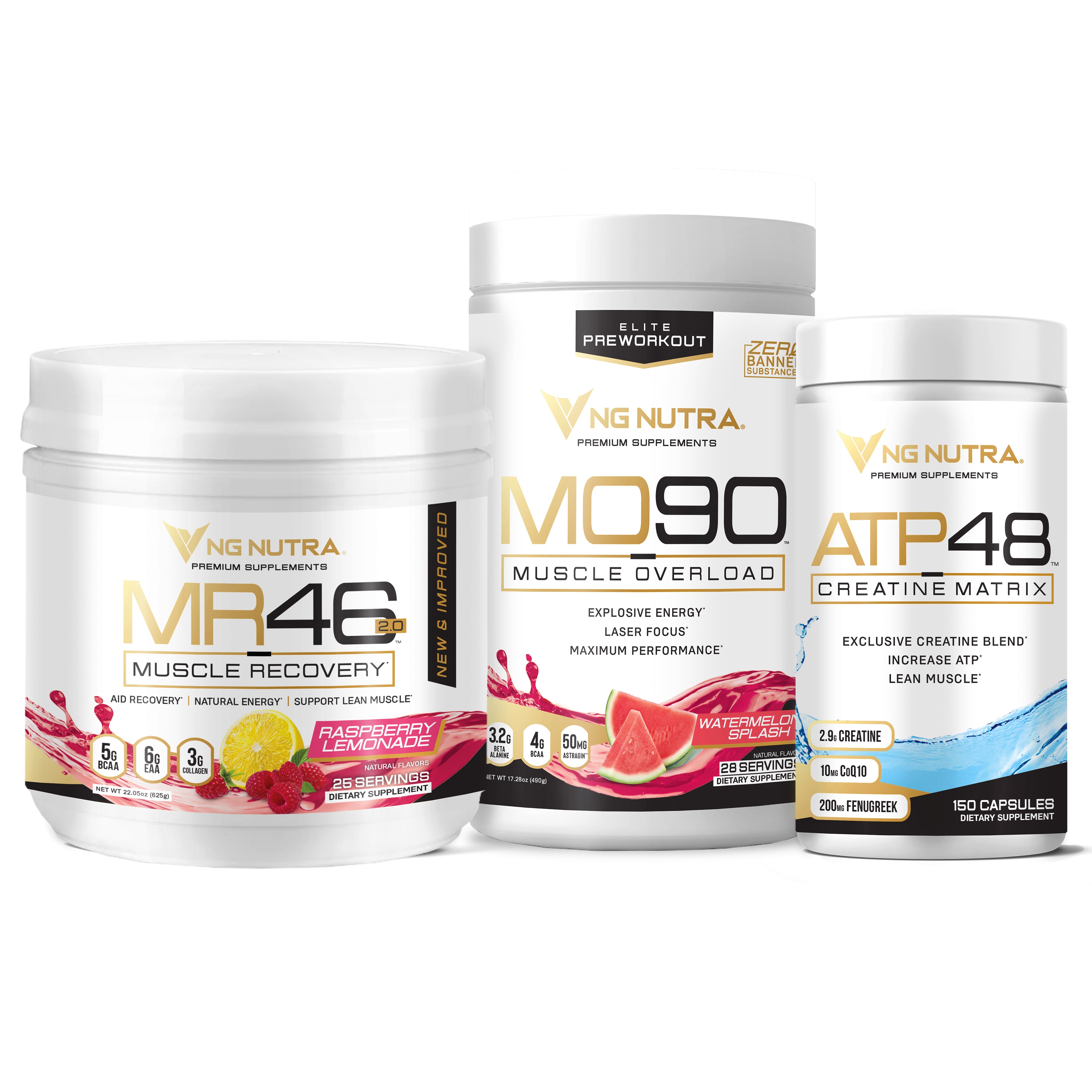 NG Nutra Men’s Lean Muscle Kit bundle featuring MR46 Muscle Recovery, MO90 Muscle Overload pre-workout, and ATP48 Creatine Matrix.