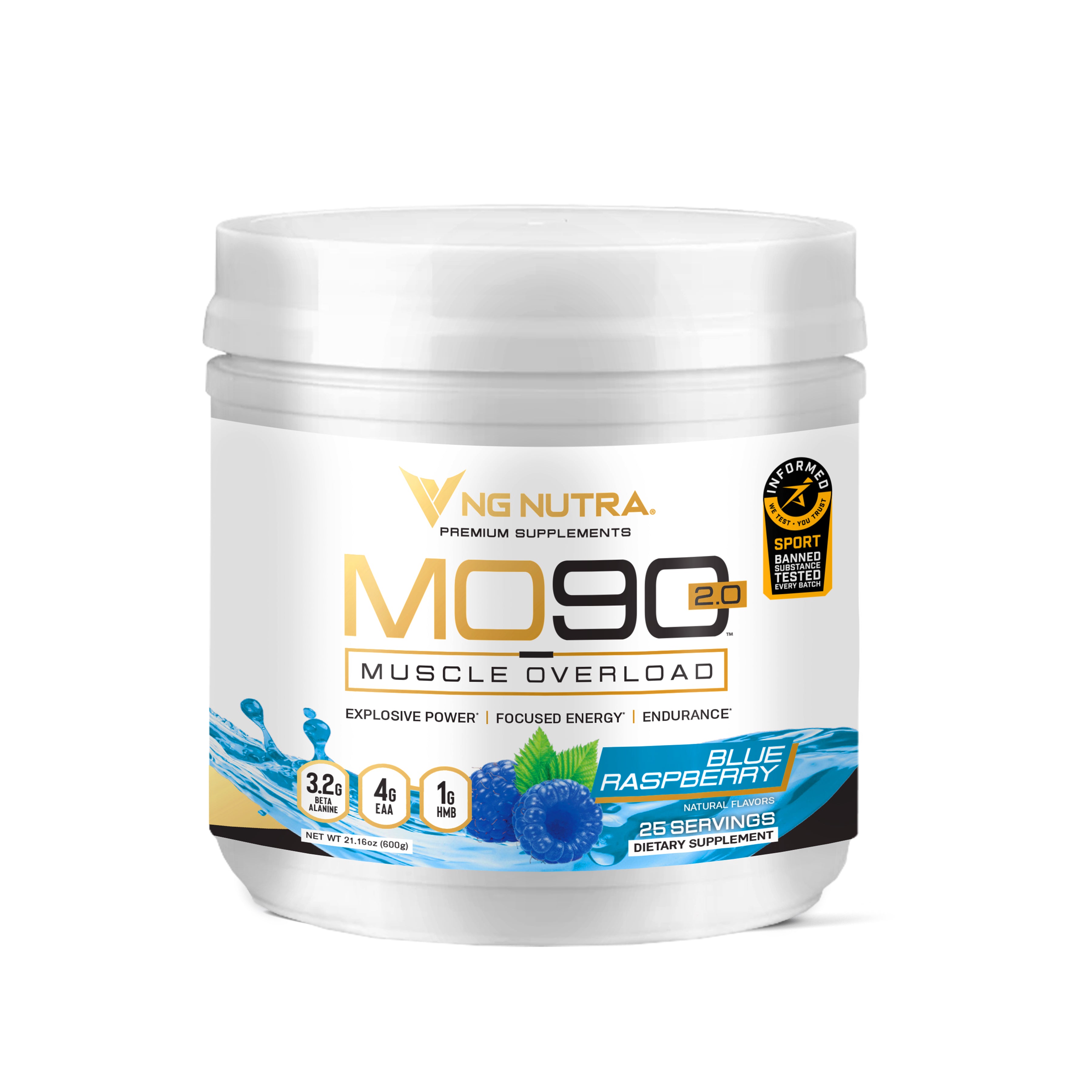 NG Nutra MO90 2.0 Muscle Overload pre-workout—Blue Raspberry flavor tub with 25 servings and Informed Sport certification.