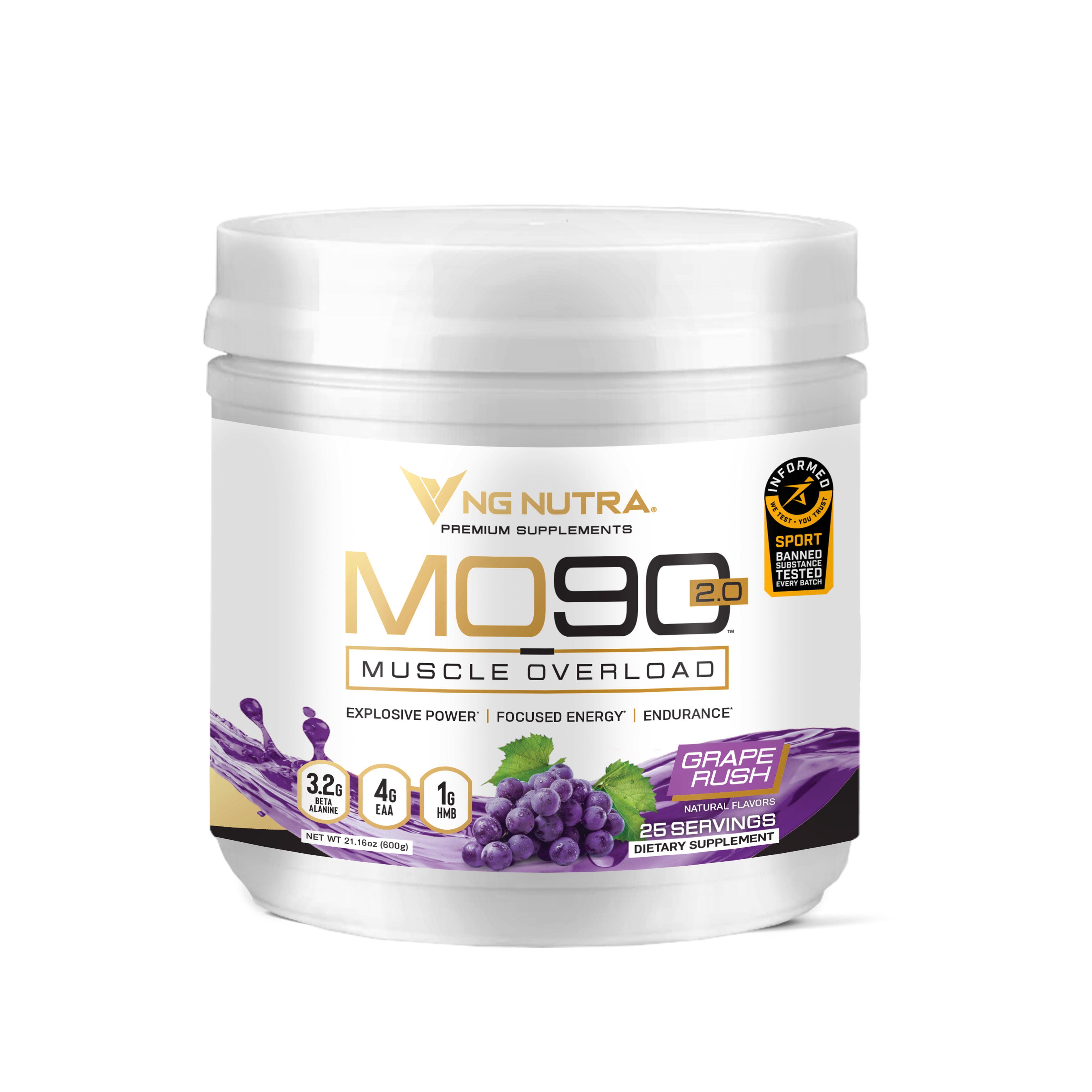 NG Nutra MO90 2.0 Muscle Overload pre-workout—Grape Rush flavor tub with 25 servings and Informed Sport certification.