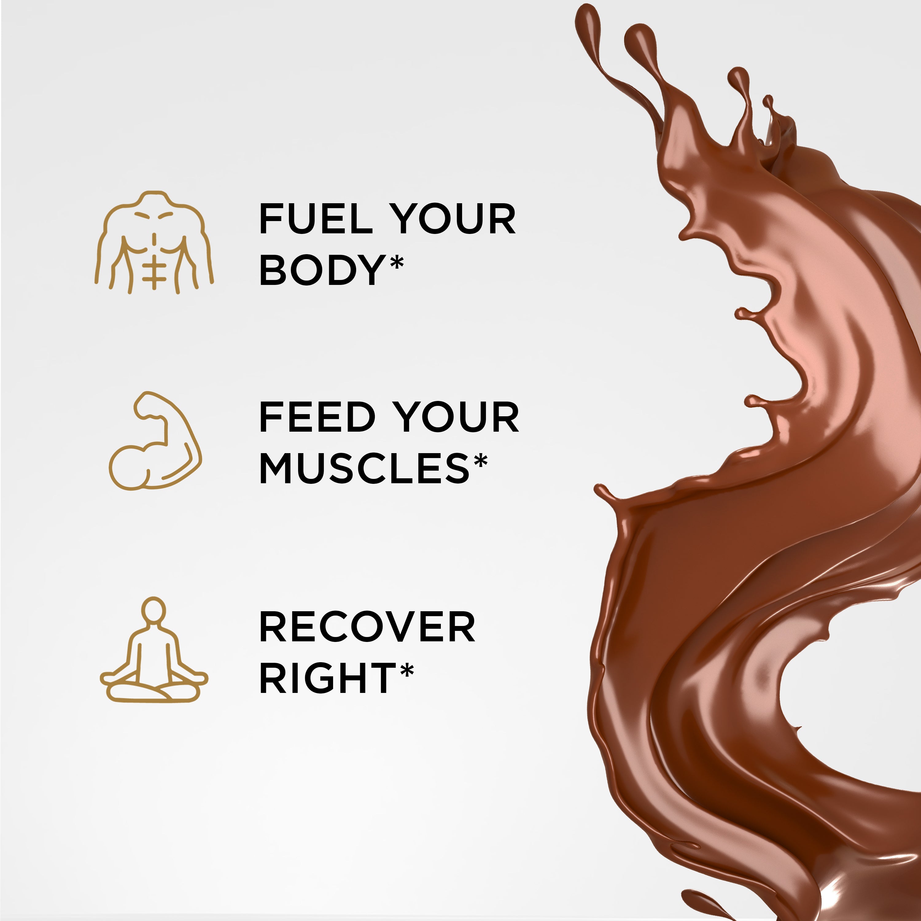 SP50 benefits graphic—fuel your body, feed your muscles, recover right—with chocolate splash.