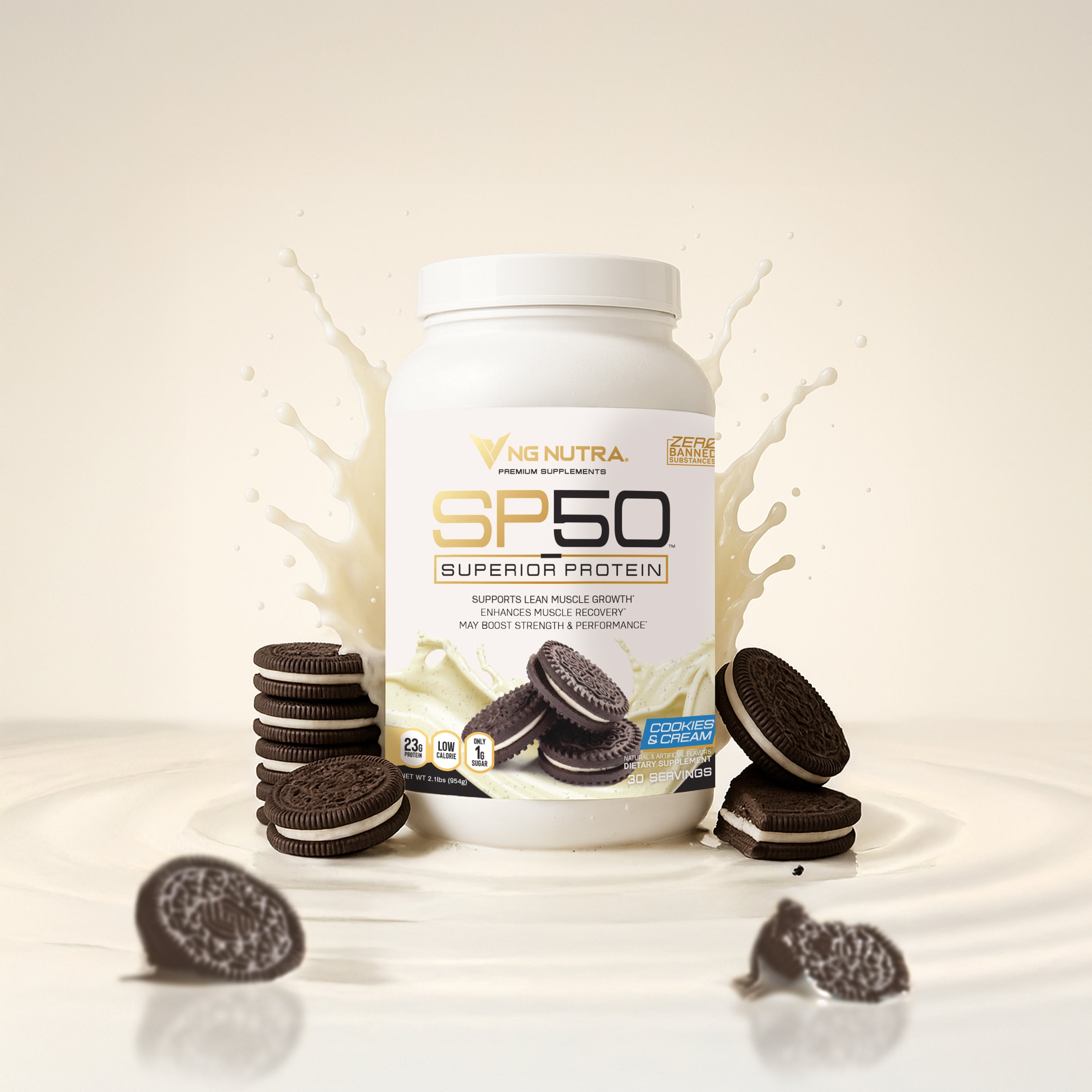 NG Nutra SP50 Superior Protein—Cookies & Cream flavor tub with milk splash and sandwich cookies.
