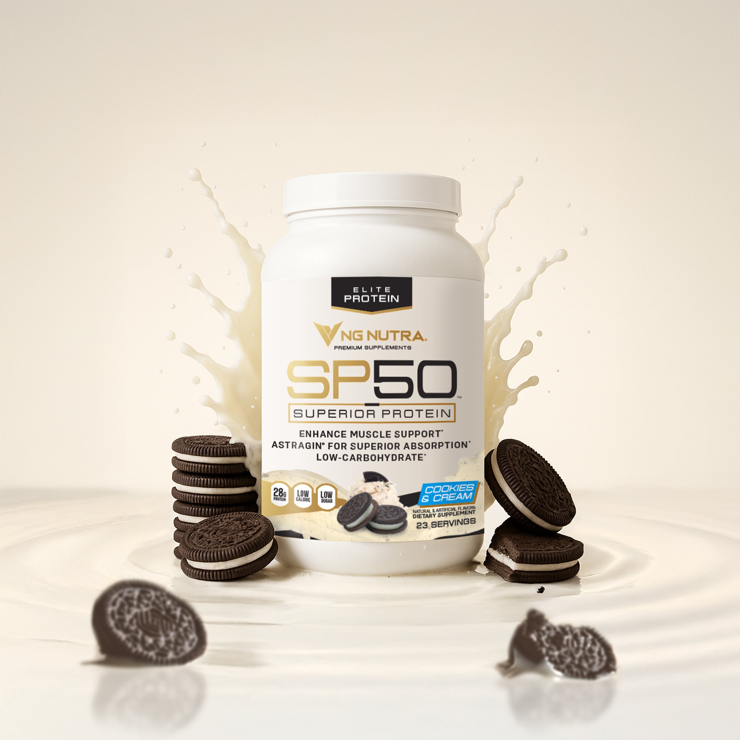 NG Nutra SP50 Superior Protein—Cookies & Cream flavor tub with milk splash and sandwich cookies.