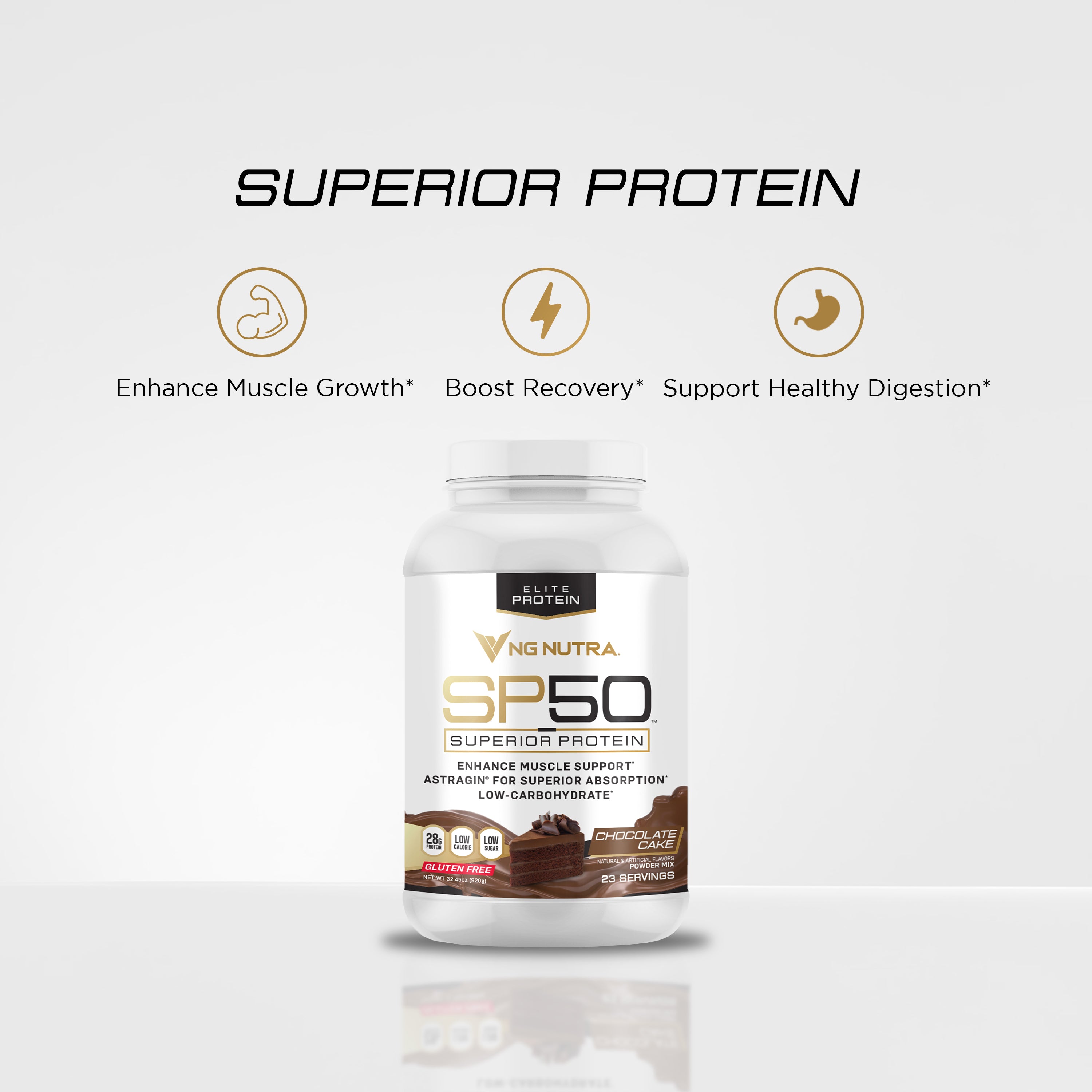 NG Nutra SP50 Superior Protein tub hero with icons—enhance muscle growth, boost recovery, support healthy digestion.