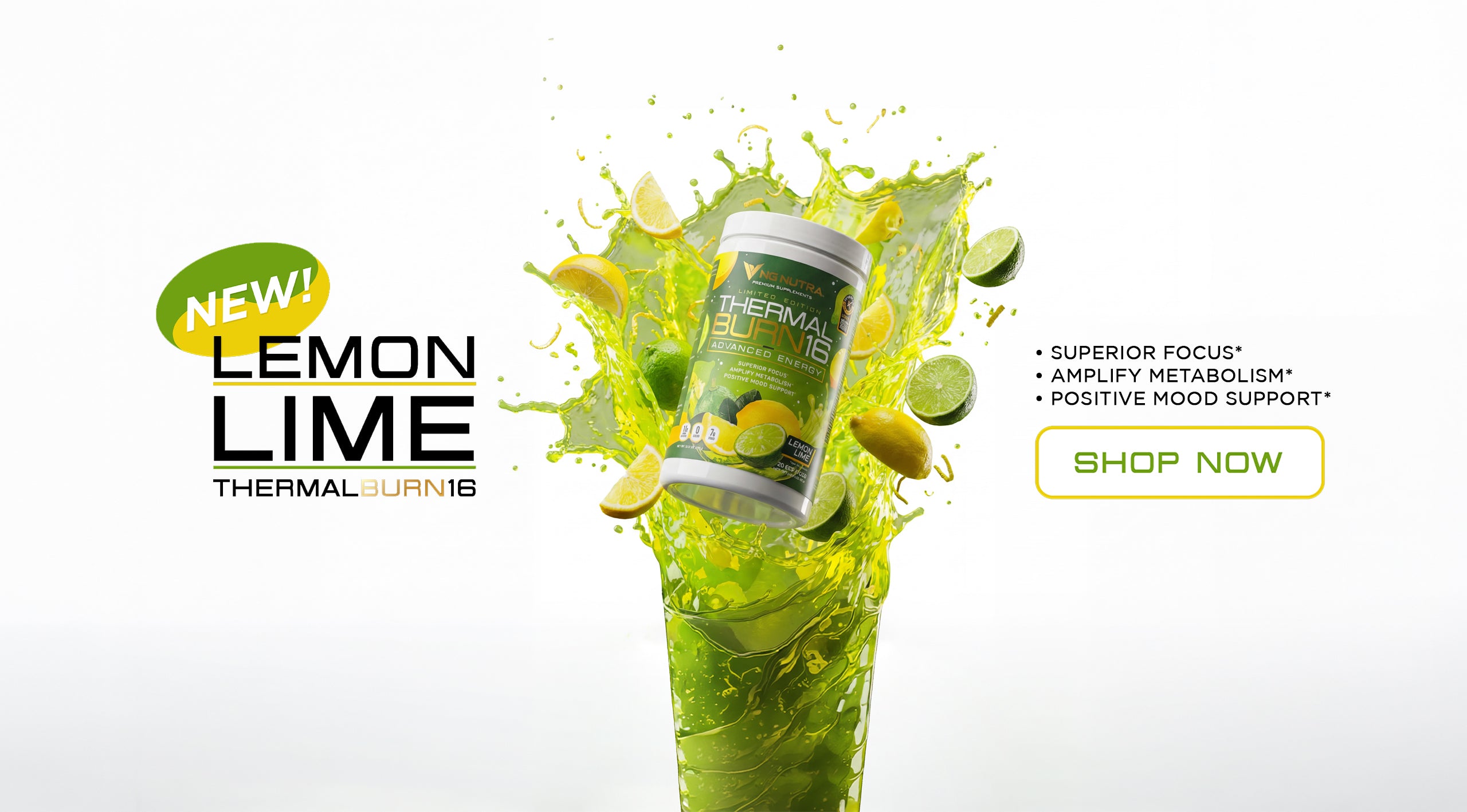 NG Nutra ThermalBurn16 New Limited Edition Lemon Lime desktop hero with lemon and lime splash, benefits, and Shop Now button.