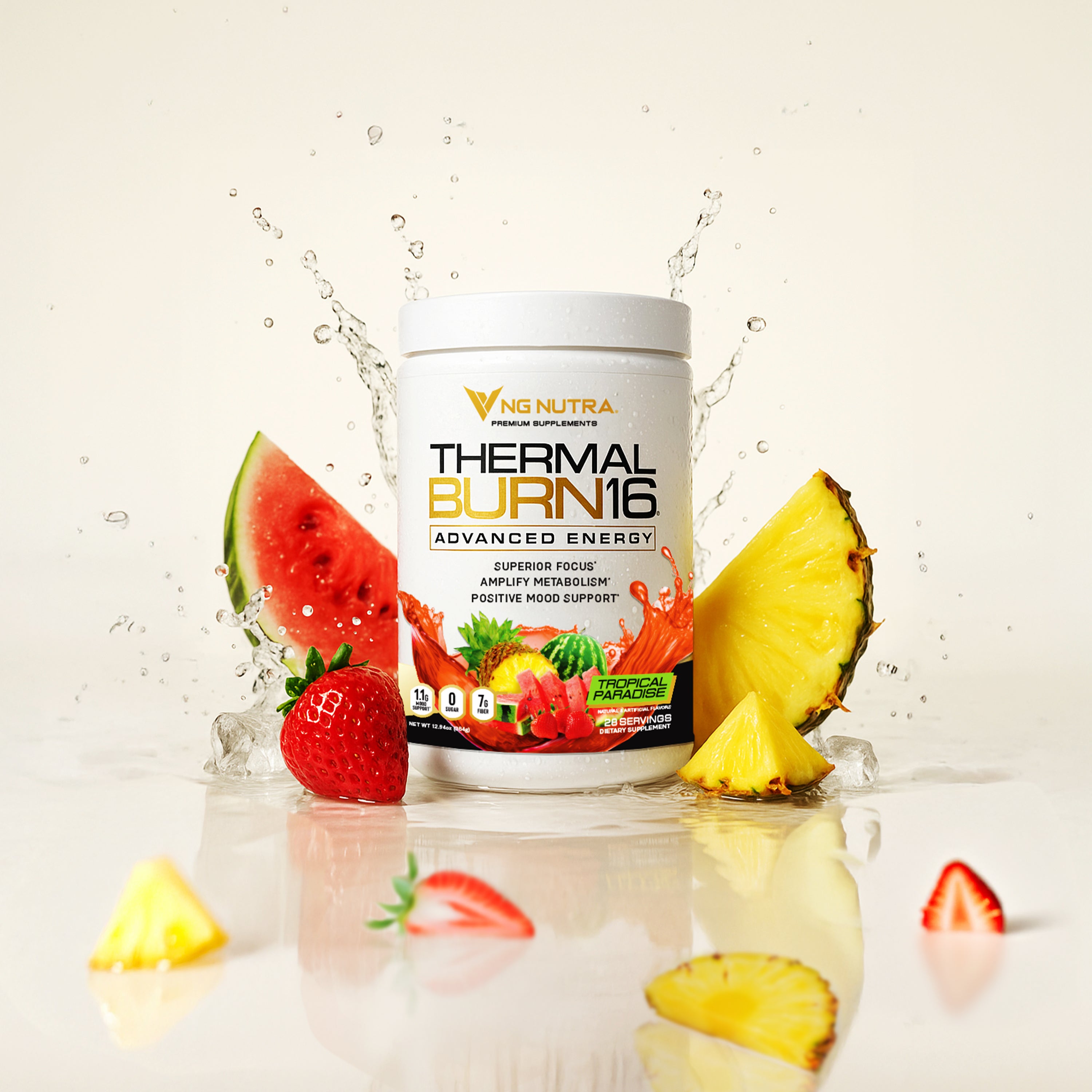 NG Nutra ThermalBurn16 Tropical Paradise—advanced energy drink mix with fruit splash hero image.