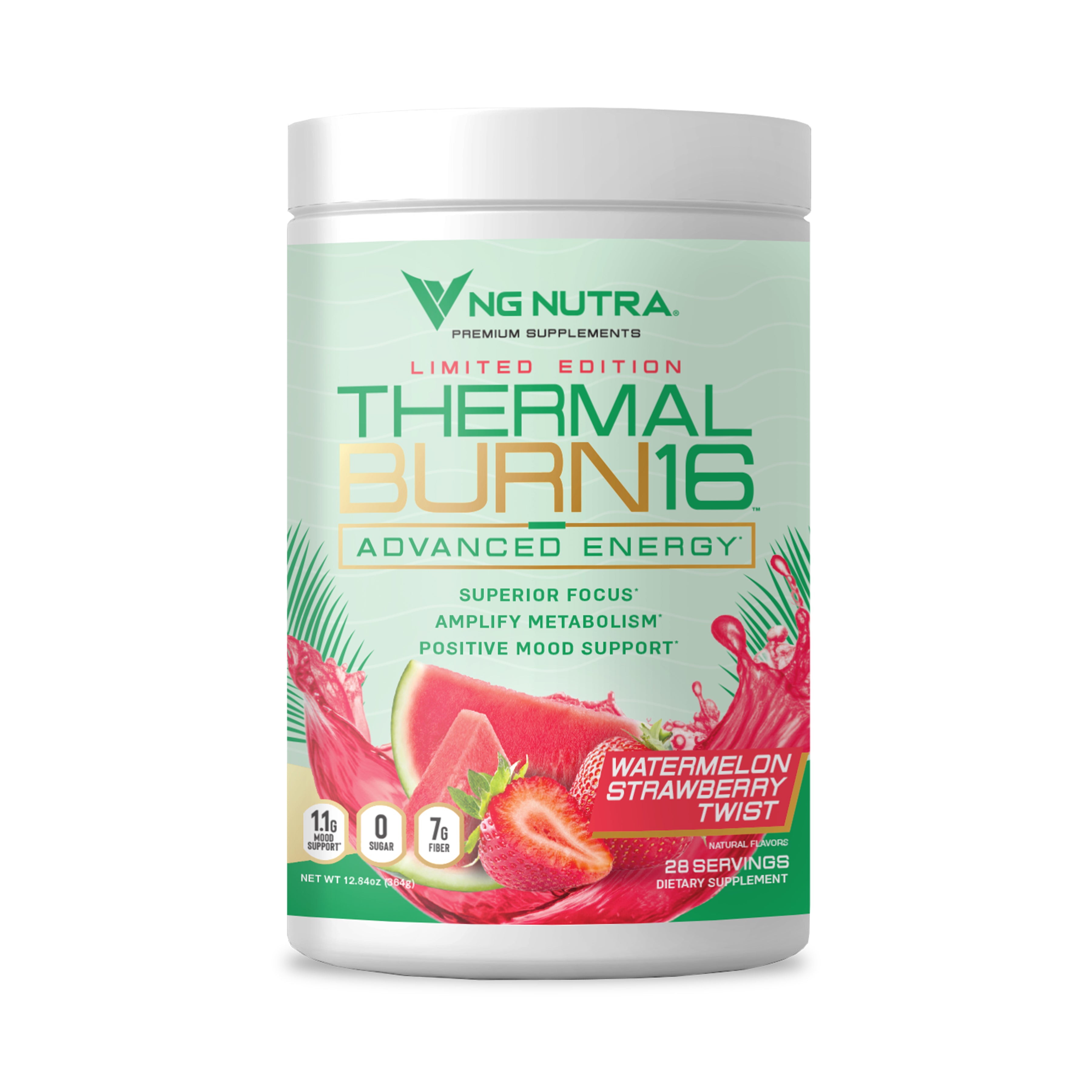NG Nutra ThermalBurn16 Advanced Energy—Watermelon Strawberry Twist limited edition tub front label, 28 servings.
