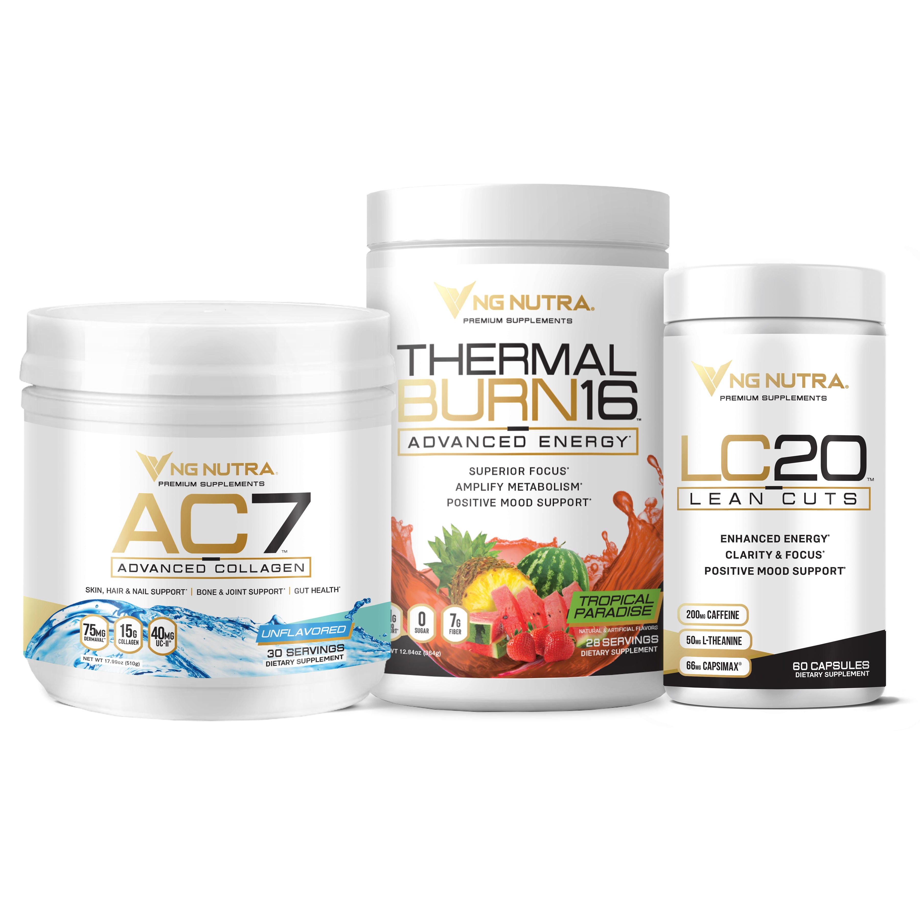 NG Nutra Women’s Metabolism Kit bundle featuring AC7 Advanced Collagen, ThermalBurn16 Advanced Energy, and LC20 Lean Cuts.