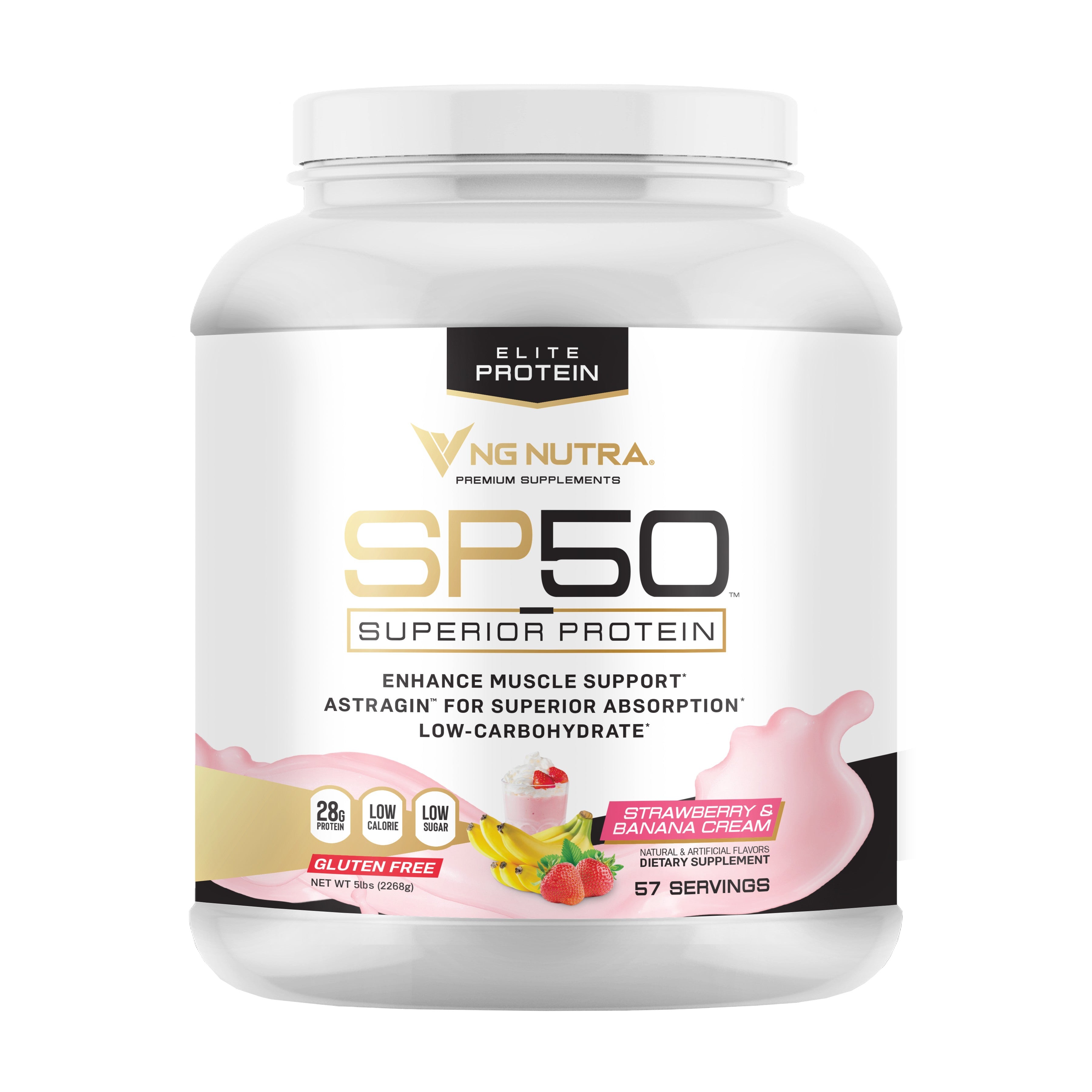 NG Nutra SP50 Superior Protein 5 lb, Strawberry & Banana Cream flavor, 28g protein, low sugar, gluten free, astragin, 5 protein blend