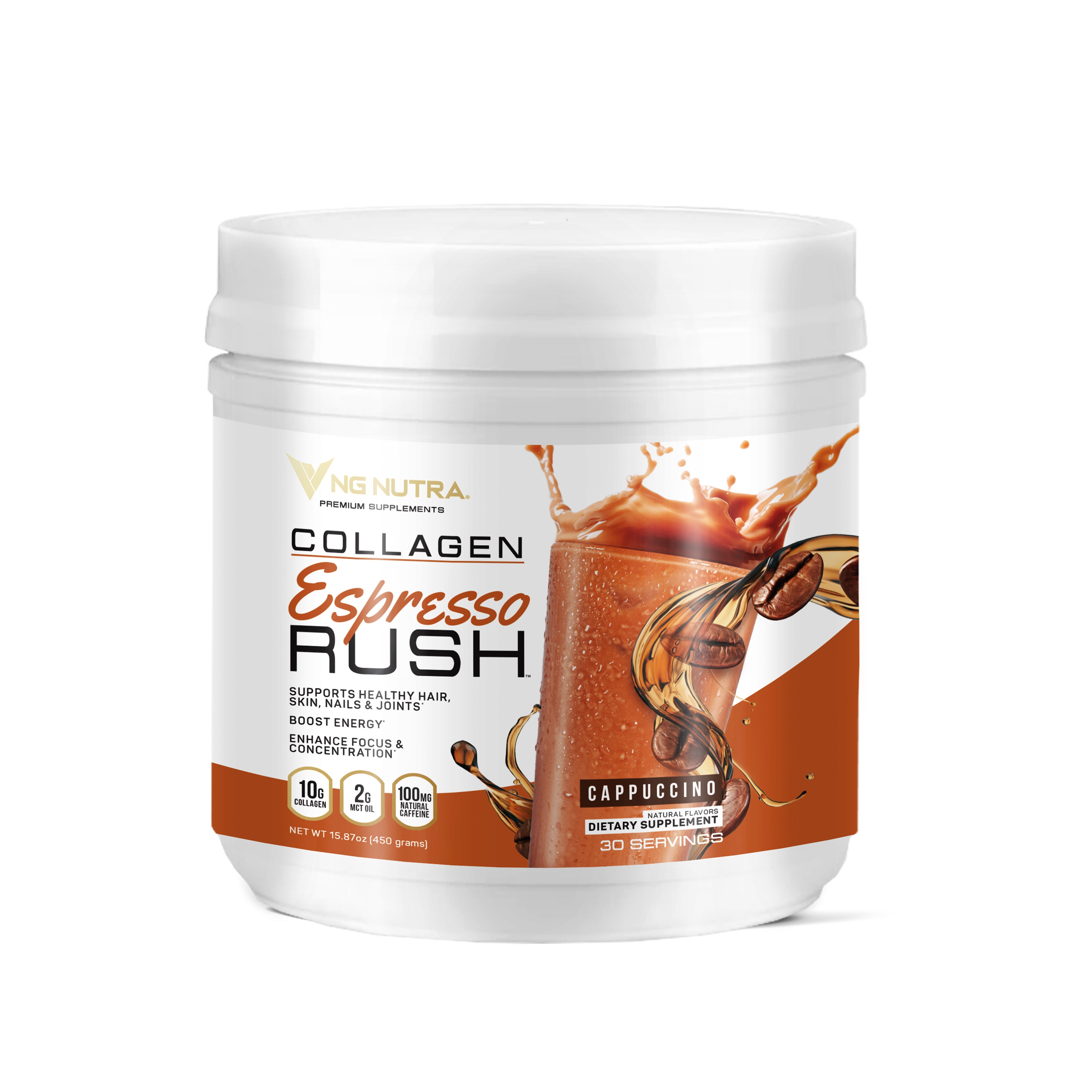 NG Nutra Collagen Espresso Rush Cappuccino—10g collagen, 2g MCT oil and 100mg caffeine for energy, focus, and hair/skin/nails & joint support; 30 servings.