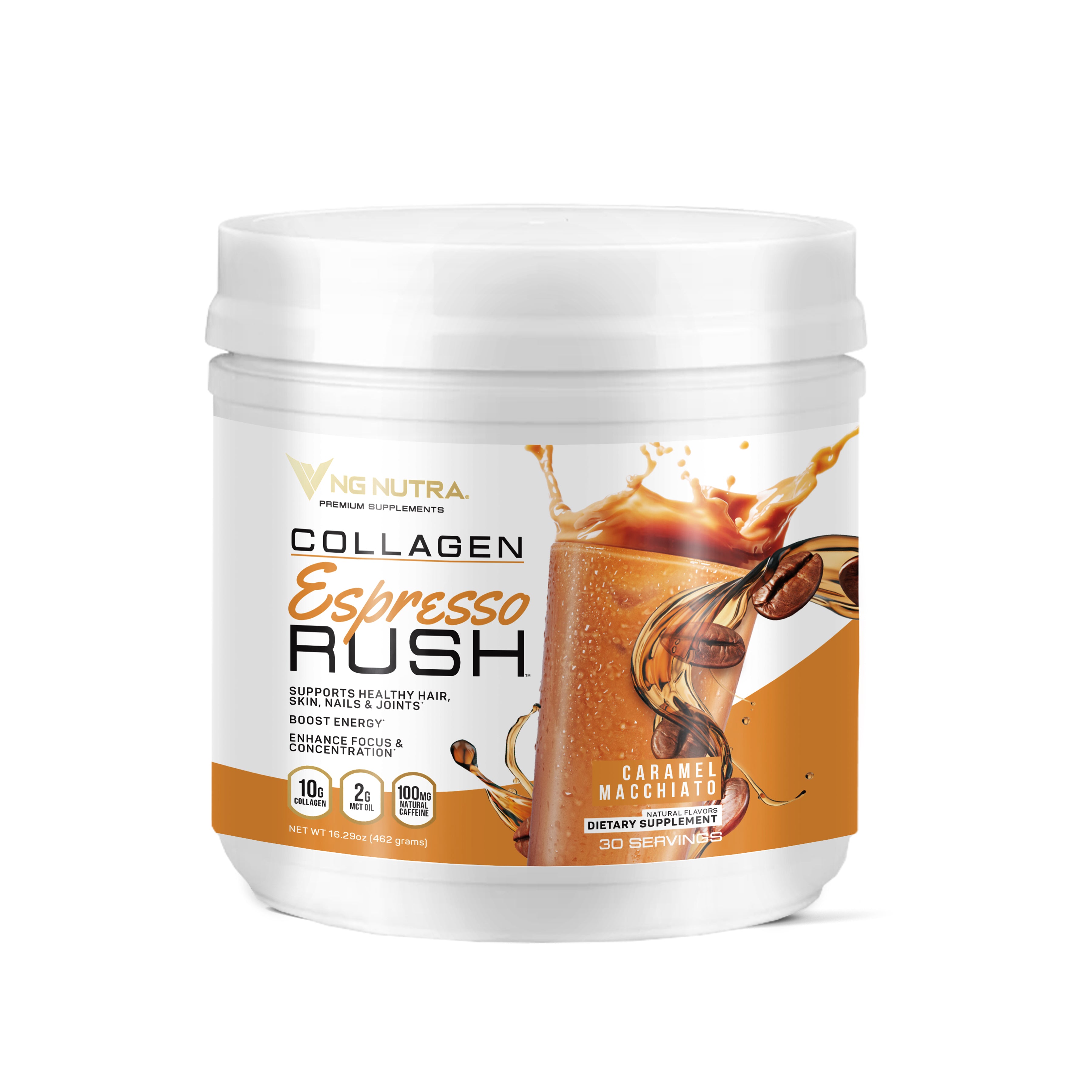 NG Nutra Collagen Espresso Rush Caramel Macchiato—10g collagen, 2g MCT oil, 100mg natural caffeine for energy, hair/skin/nails & joints; 30 servings.