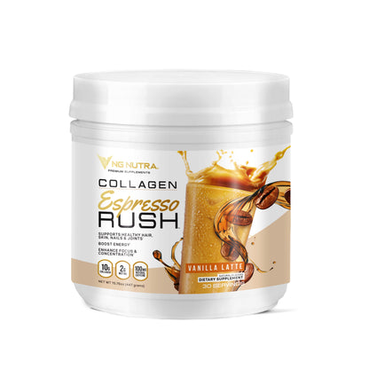 NG Nutra Collagen Espresso Rush Vanilla Latte—coffee collagen with 10g collagen, 2g MCT oil, 100mg caffeine to boost energy, focus & beauty; 30 servings.