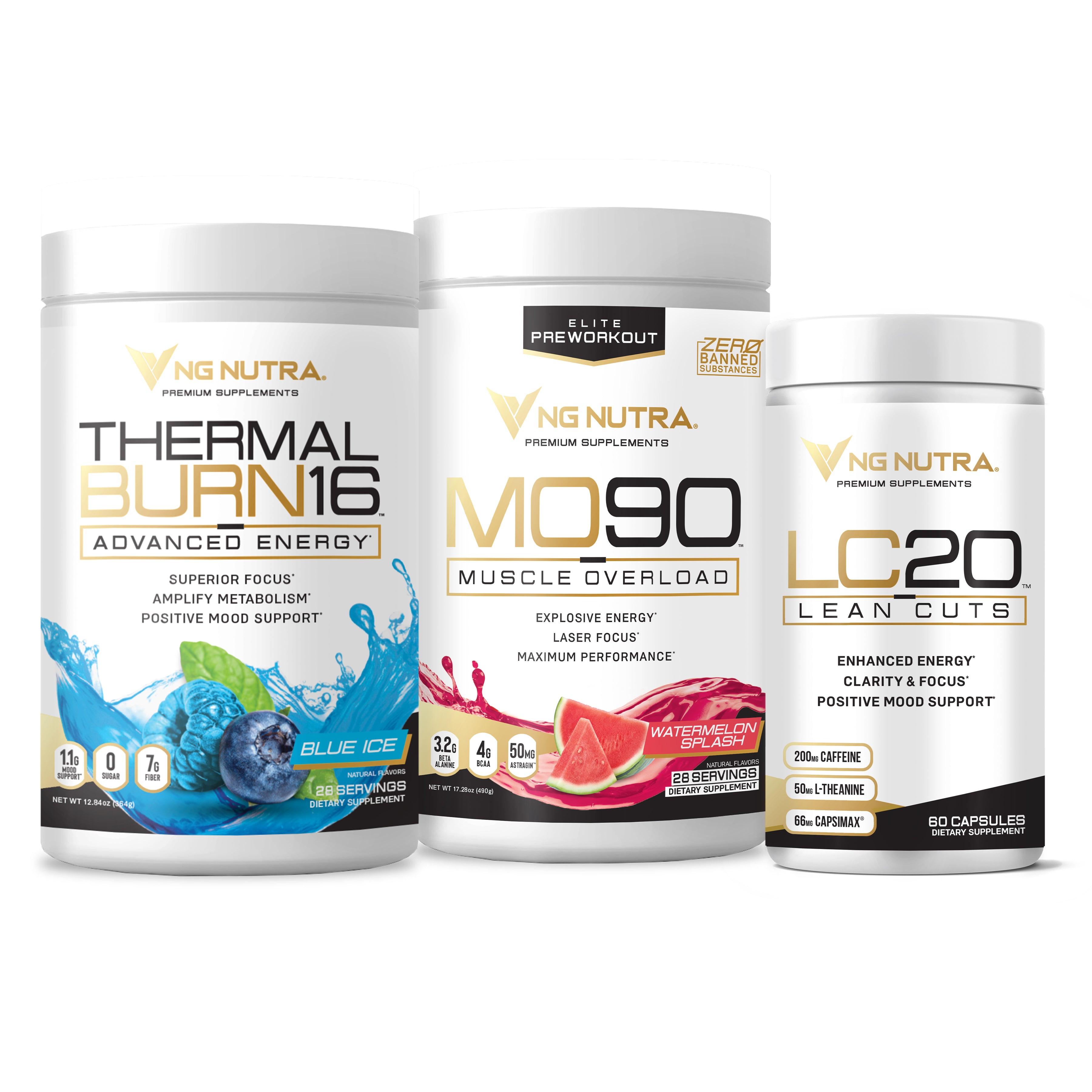 NG Nutra Men’s Metabolism Boost Kit bundle featuring ThermalBurn16 Advanced Energy, MO90 Muscle Overload pre-workout, and LC20 Lean Cuts.