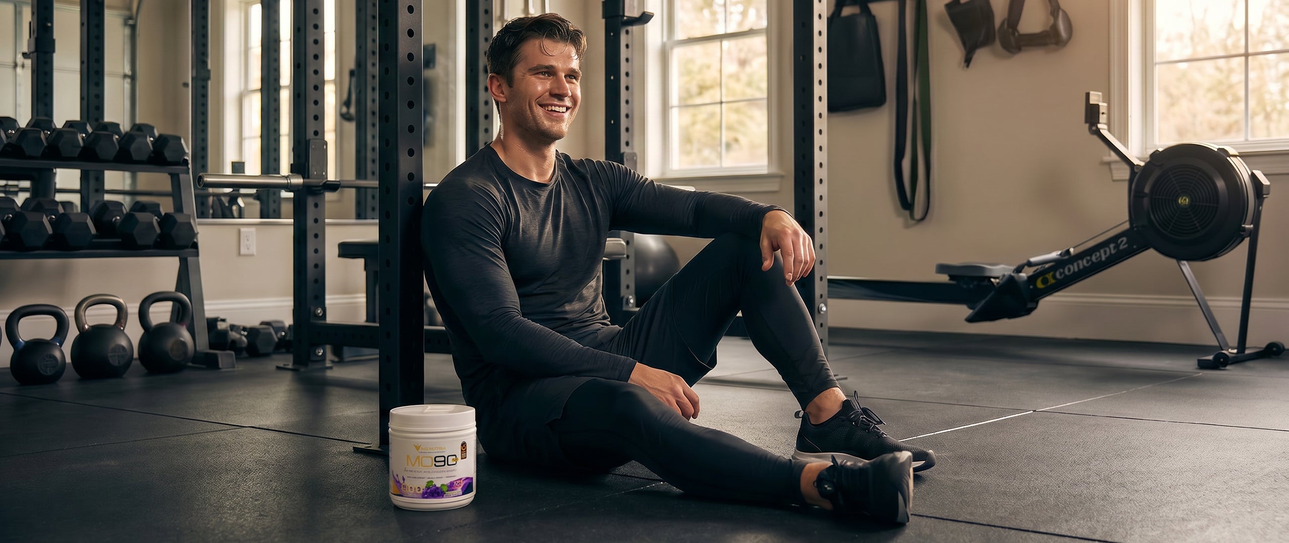 Fit man sitting in home gym after workout with NG Nutra's MO90 2.0 - Muscle Overload sitting next to him.