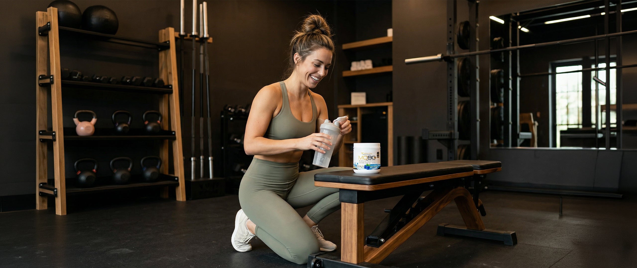 Fit woman mixing shaker with NG Nutra's MO90 2.0 - Muscle Overload in boutique gym.