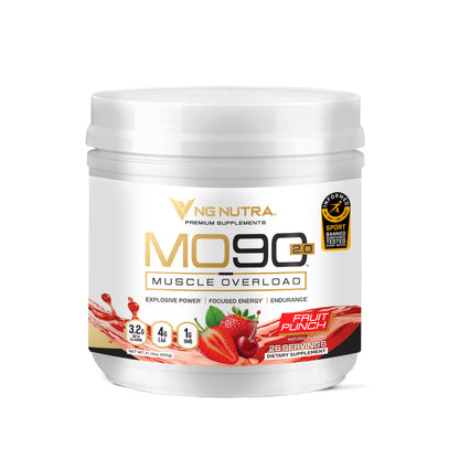 NG Nutra MO90 2.0 Muscle Overload pre-workout—Fruit Punch flavor tub with 25 servings and Informed Sport certification.