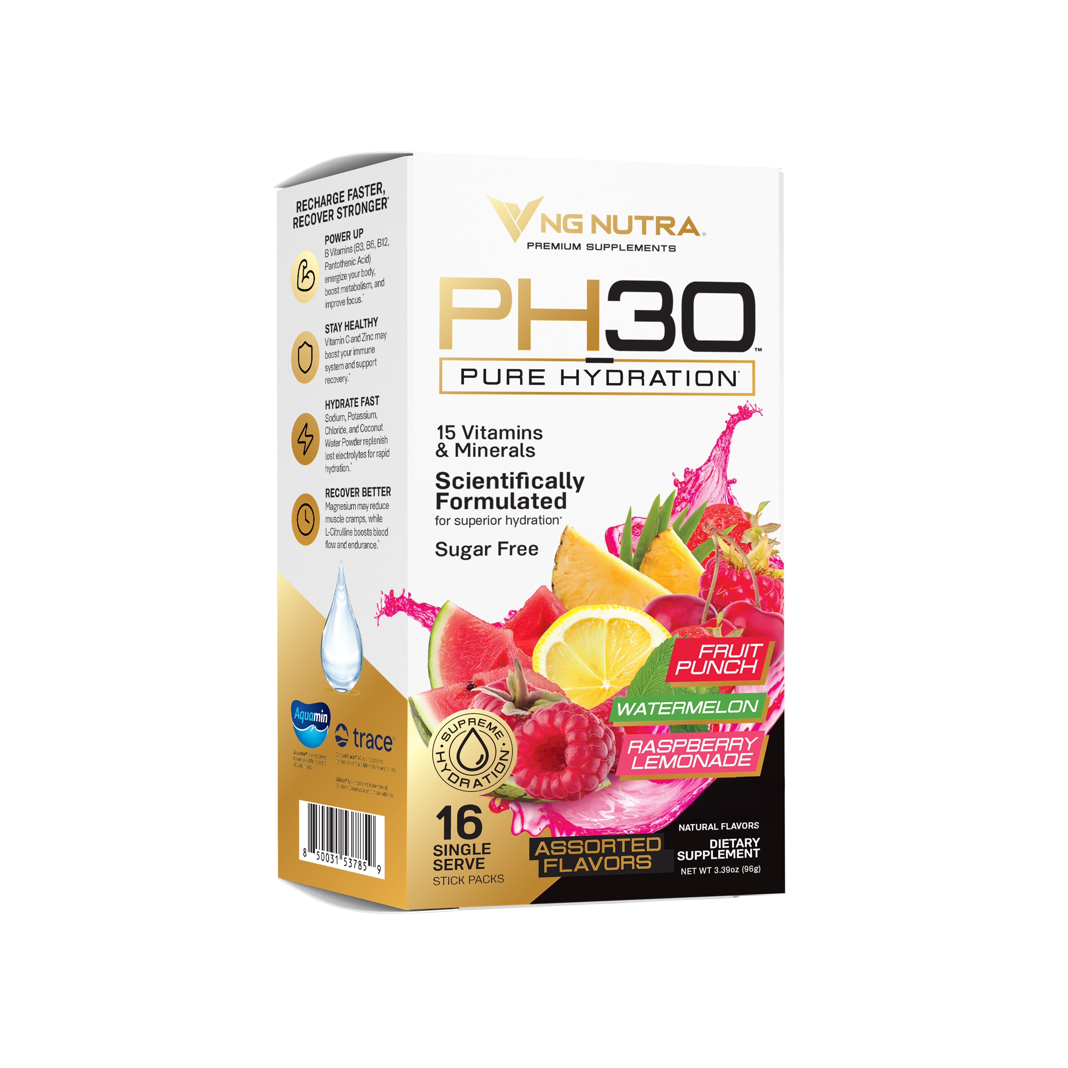 NG Nutra PH30 Pure Hydration assorted flavors—16 single-serve stick packs, sugar-free electrolytes