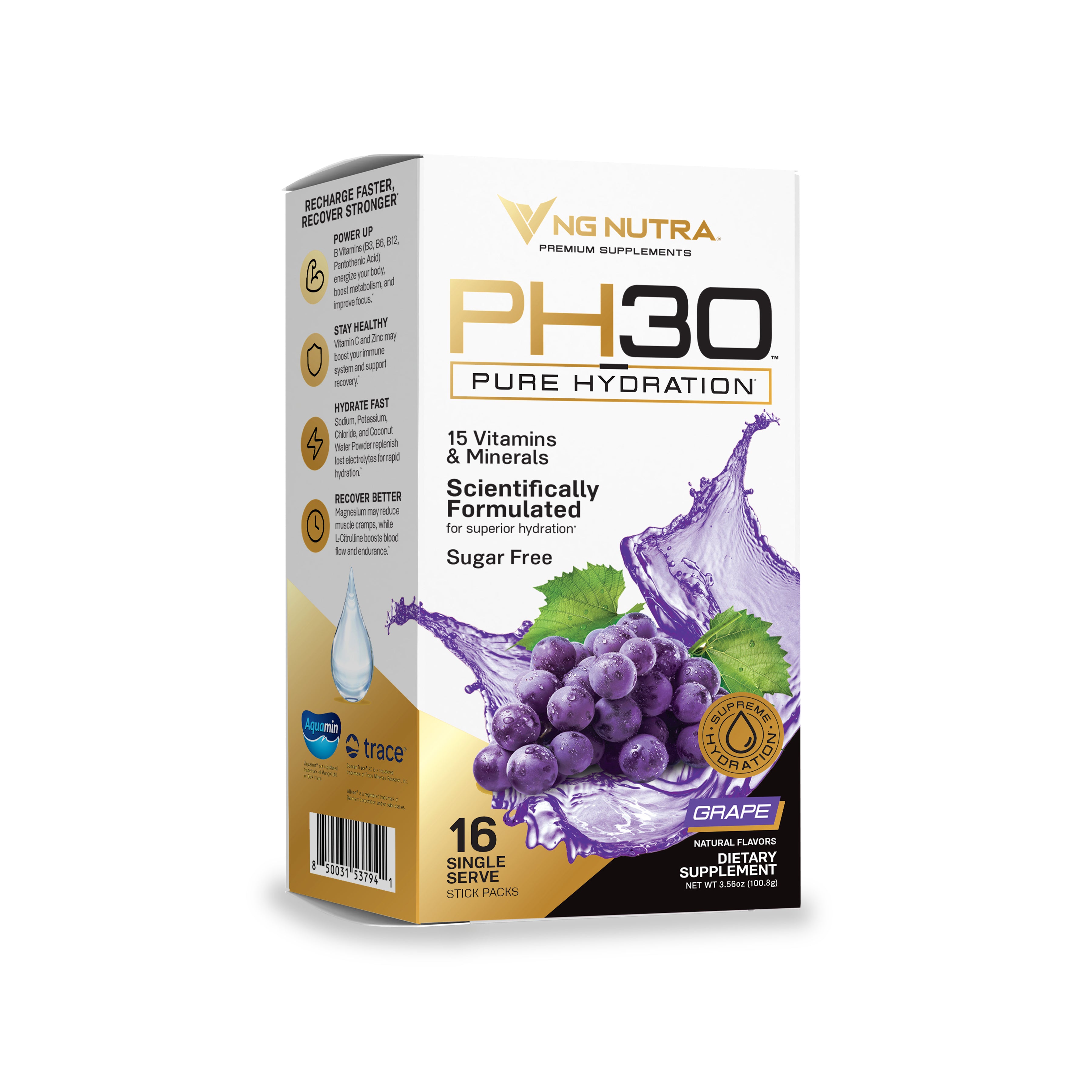 NG Nutra PH30 Pure Hydration – Grape electrolyte powder sticks; sugar-free, 15 vitamins & minerals, 16-count box.