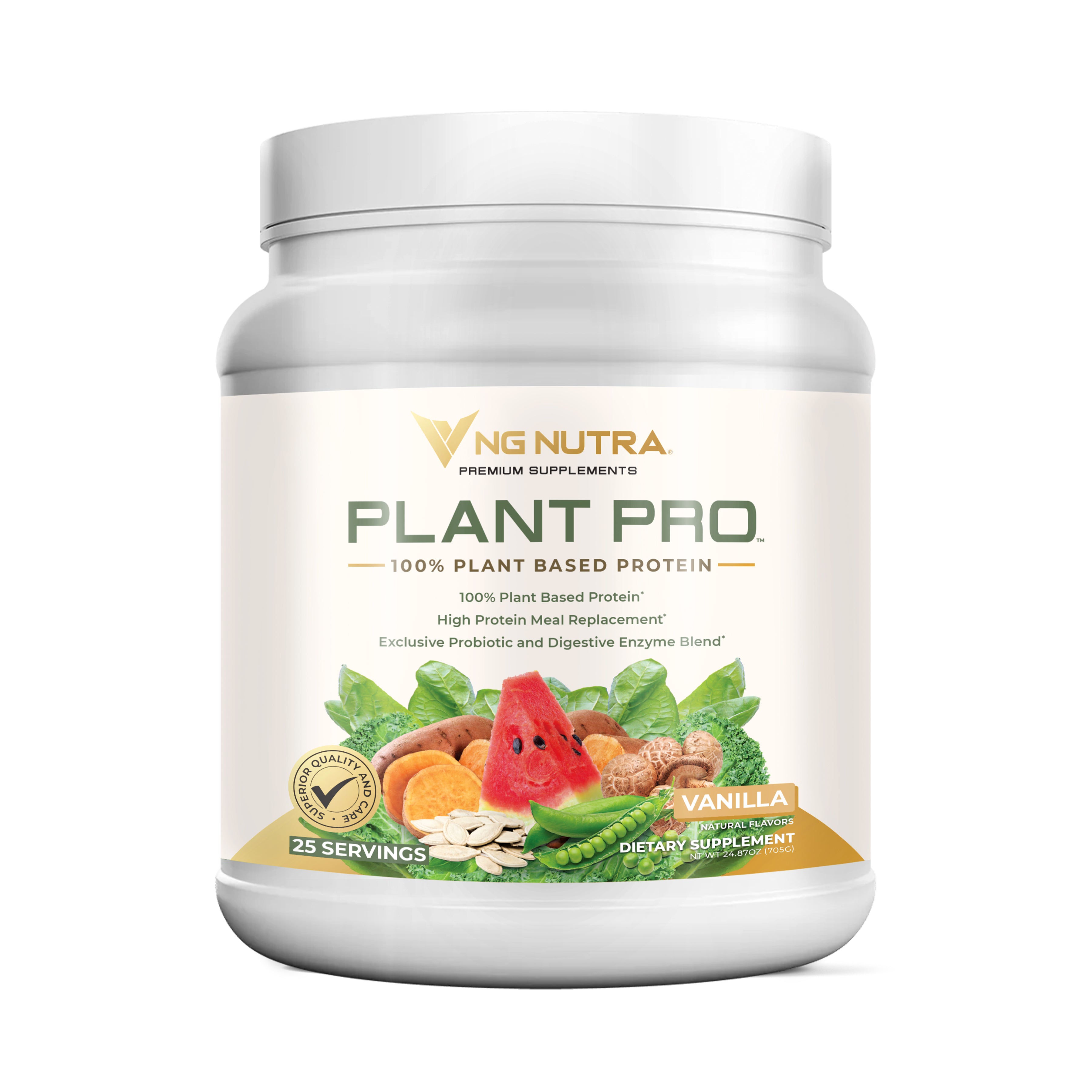 NG Nutra Plant Pro—100% plant-based protein, Vanilla flavor tub with 25 servings.