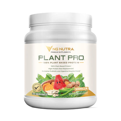 NG Nutra Plant Pro—100% plant-based protein, Vanilla flavor tub with 25 servings.