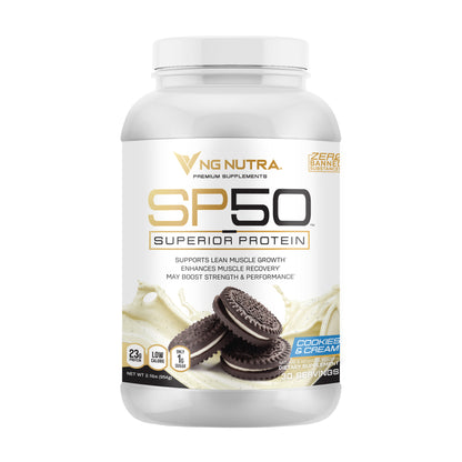 NG Nutra SP50 Superior Protein Cookies & Cream, 30-serving protein powder container—front label on white background.