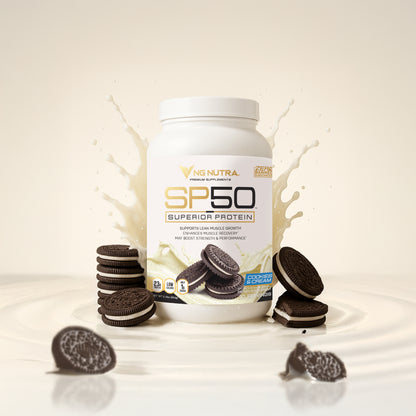 NG Nutra SP50 Superior Protein—Cookies & Cream flavor tub with milk splash and sandwich cookies.