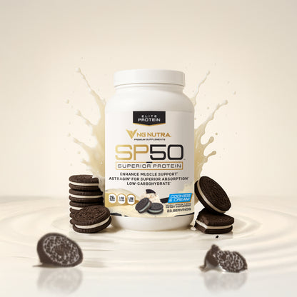 NG Nutra SP50 Superior Protein—Cookies & Cream flavor tub with milk splash and sandwich cookies.