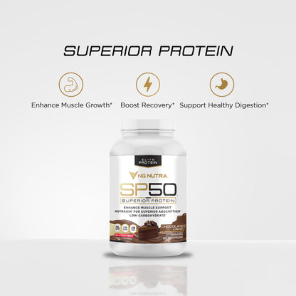 NG Nutra SP50 Superior Protein tub hero with icons—enhance muscle growth, boost recovery, support healthy digestion.