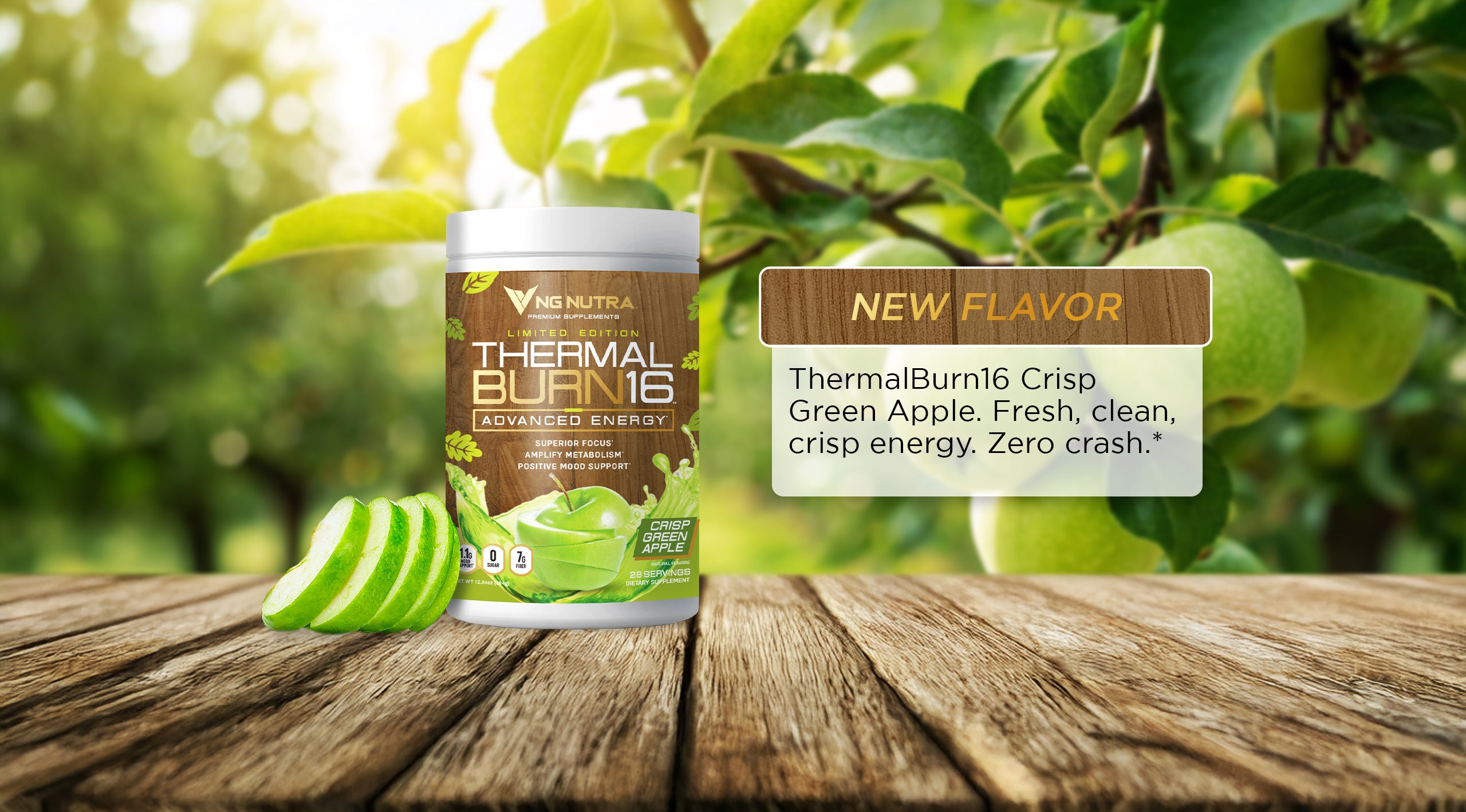 ThermalBurn16 Advanced Energy—Crisp Green Apple new flavor hero banner with tub and sliced green apple on wood, orchard backdrop. Desktop hero.