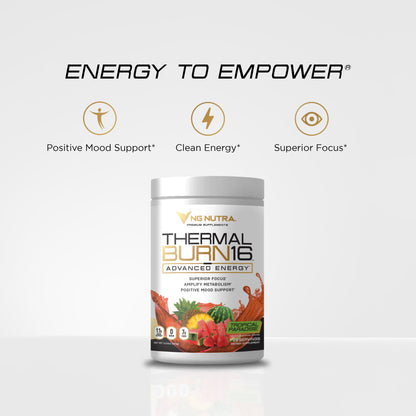 ThermalBurn16 Advanced Energy tub with icons for clean energy, superior focus, and positive mood support.
