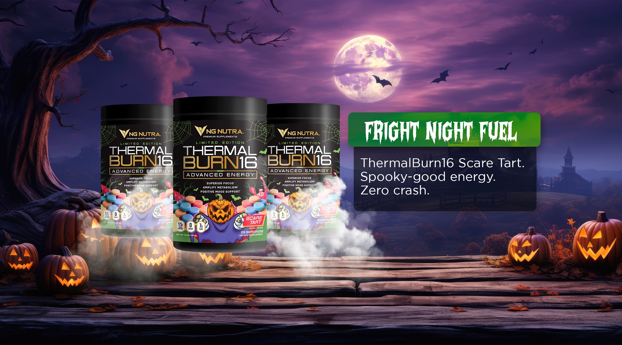 NG Nutra ThermalBurn16 Scare Tart — Limited Halloween Edition advanced energy supplement with spooky jack-o’-lanterns and moonlit backdrop.