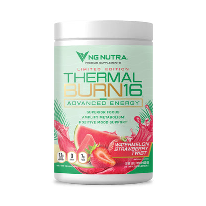 NG Nutra ThermalBurn16 Advanced Energy—Watermelon Strawberry Twist limited edition tub front label, 28 servings.