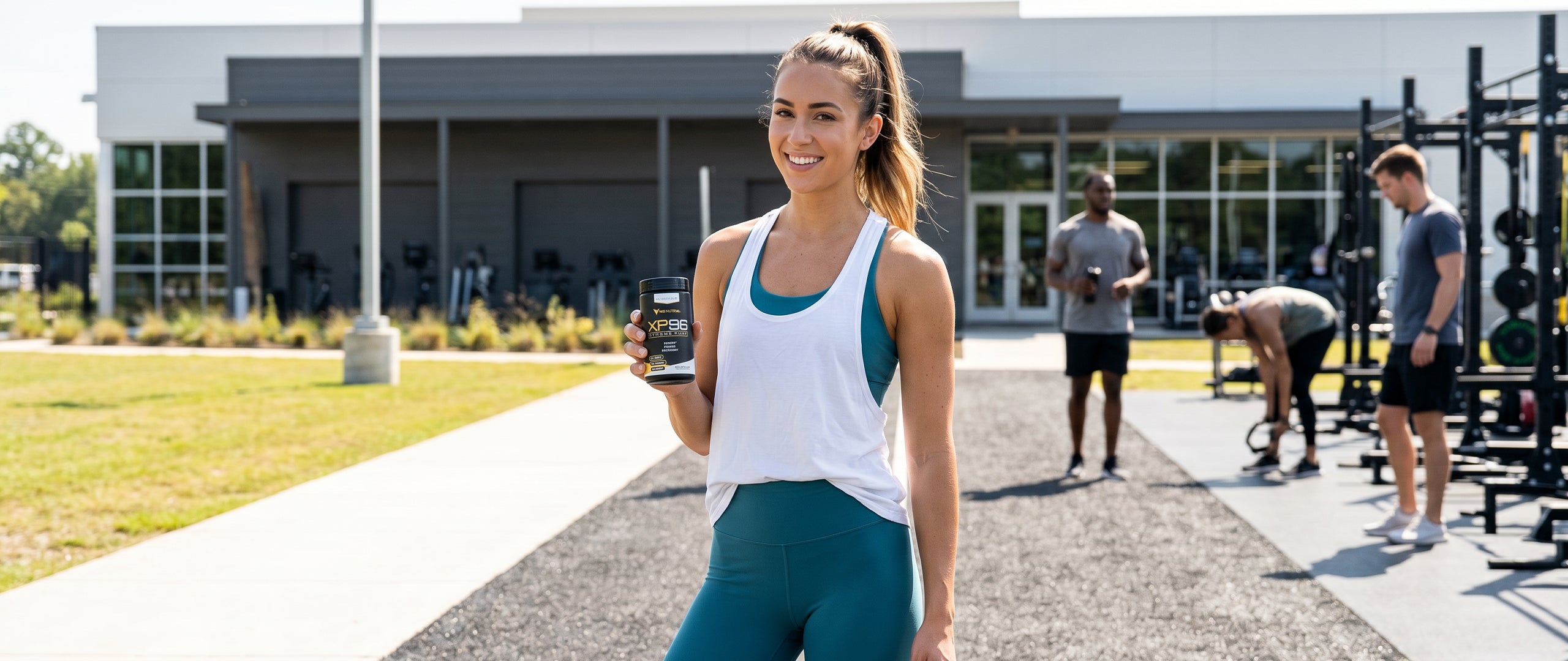 Fit woman in athletic wear holding NG Nutra's XP96 - Xtreme Pump outdoors with gym equipment in the background.
