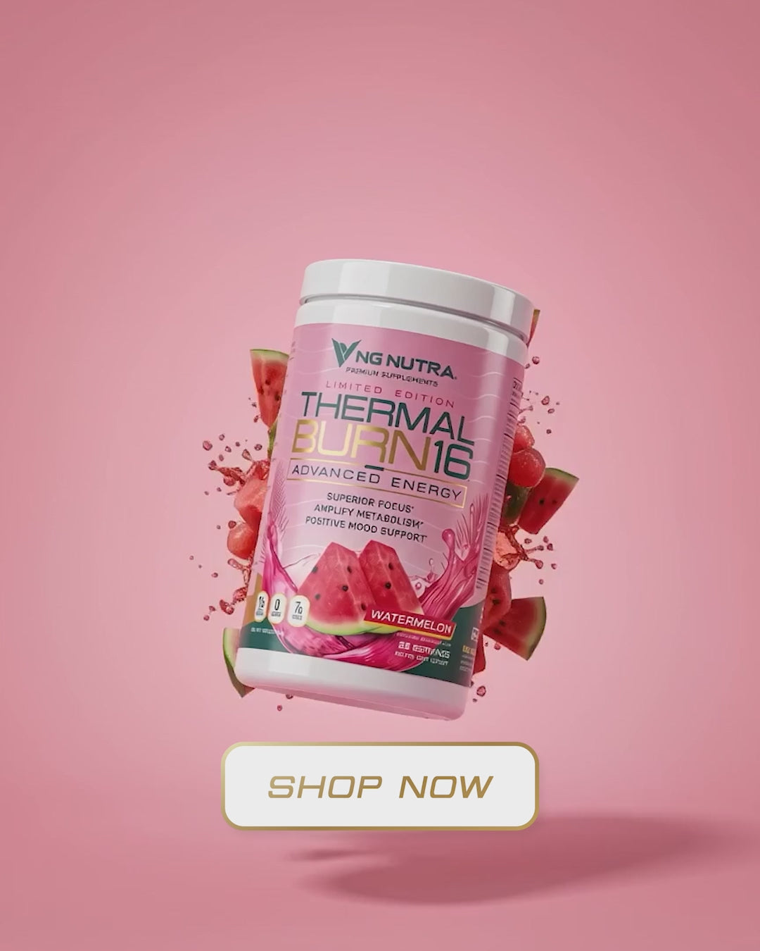 Load video: Mobile hero video for NG Nutra ThermalBurn16 Summer Flavors featuring limited edition Advanced Energy product visuals, summer-themed graphics, and a shop now call to action.